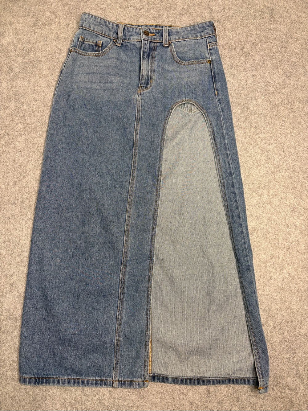 High-Rise Blue Denim Maxi Skirt with High Slit
